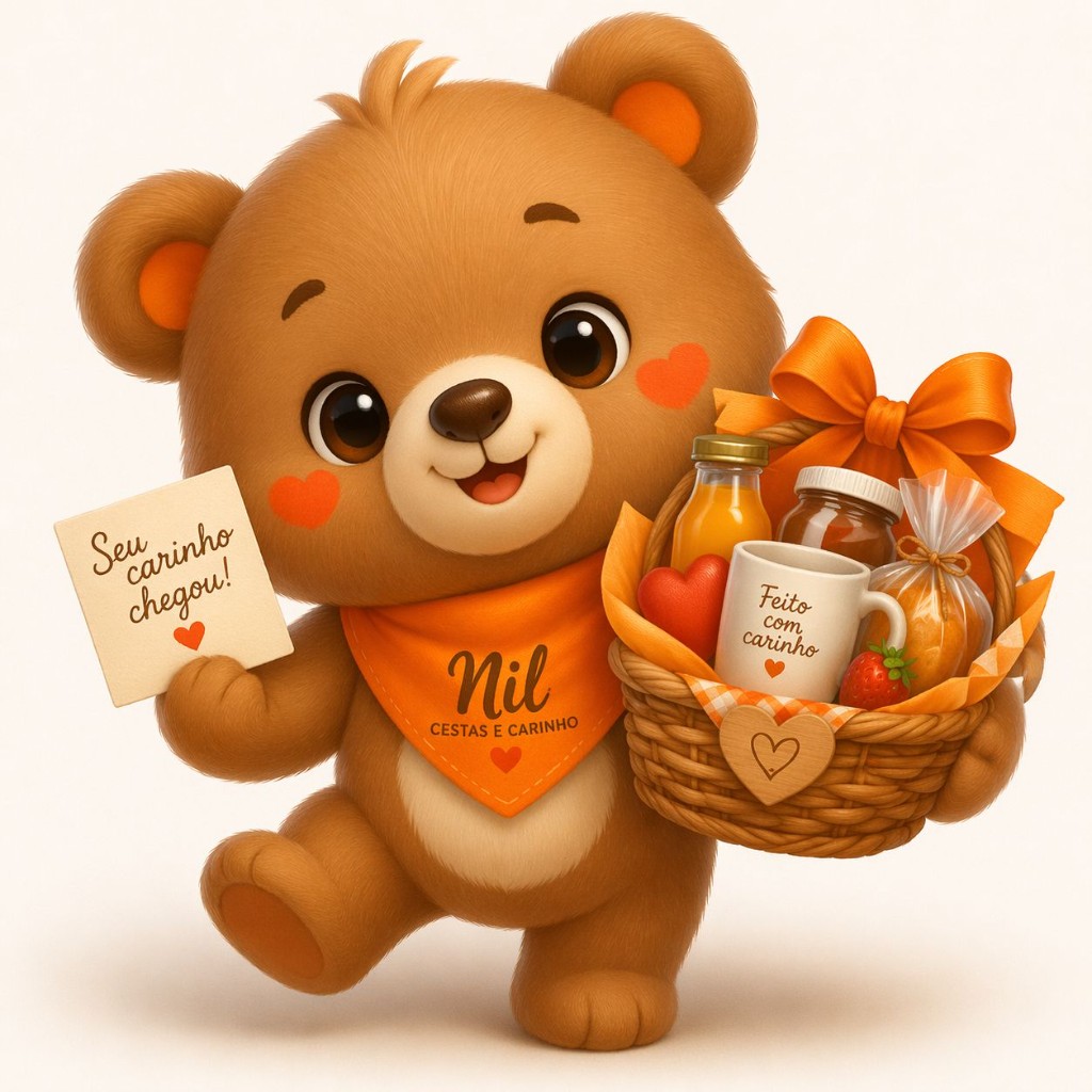 Mascote urso da Nil Cestas e Carinho com cesta de café da manhã e cartão "Seu carinho chegou!"